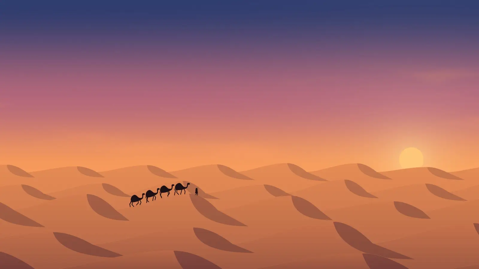 Ambient mode in the desert at dusk: the sun low over the dunes, and a caravan of camels crossing them.