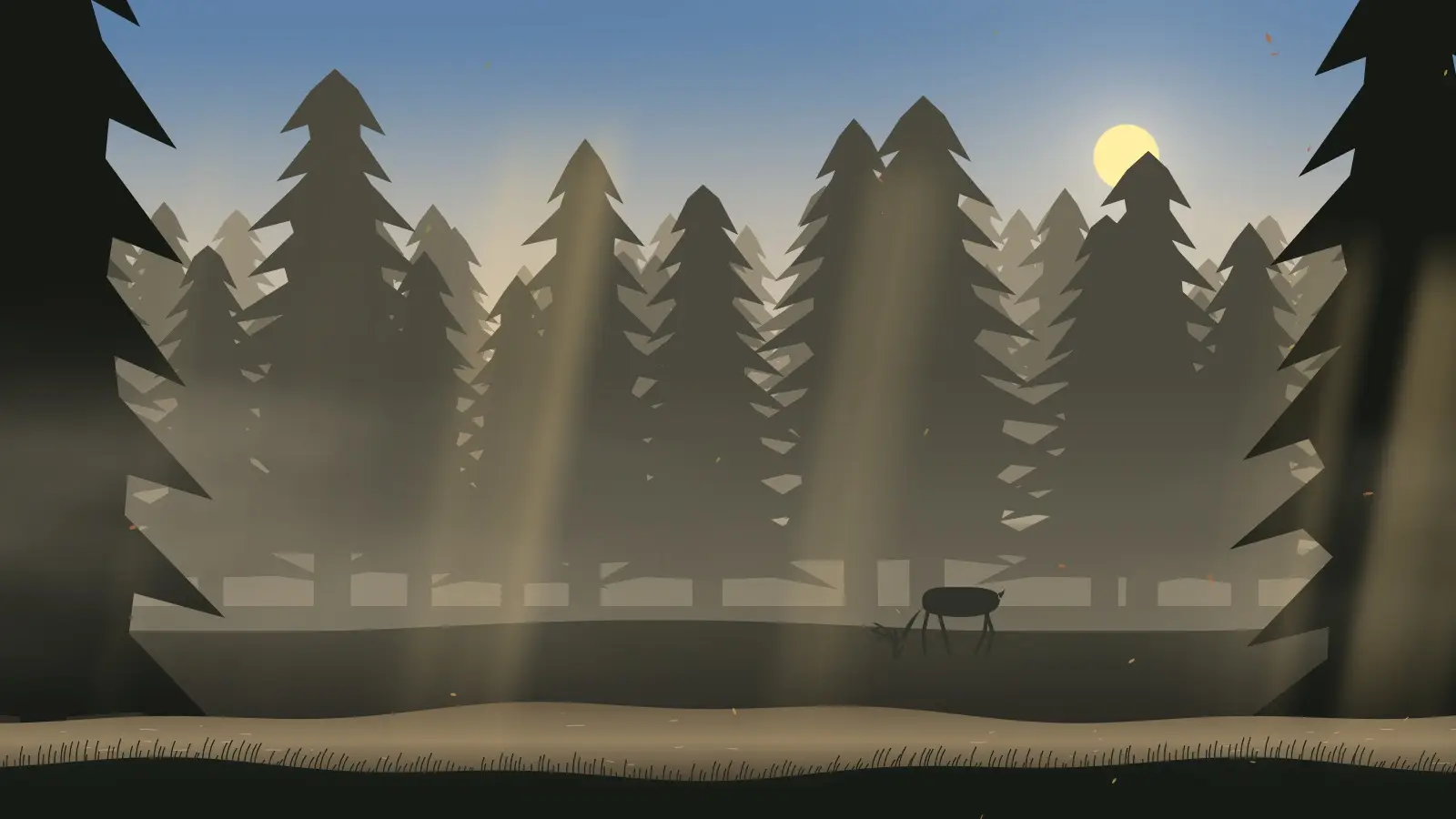 Ambient mode in a pine forest late in the afternoon: light through the mist, and a deer grazing in the clearing.