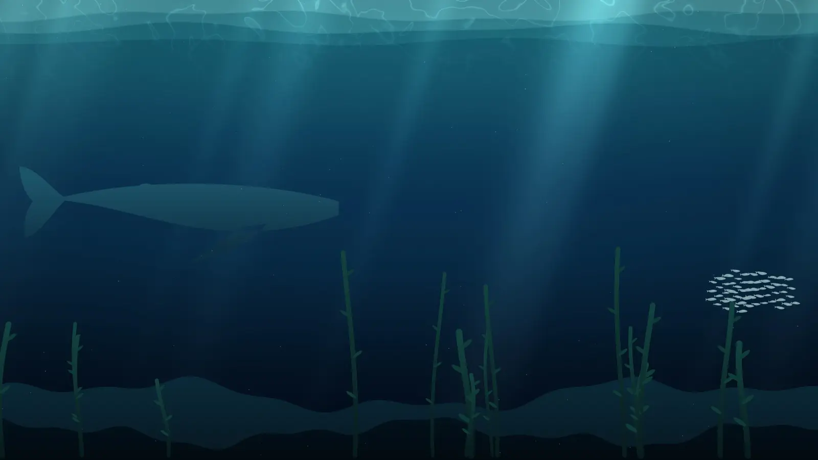 Ambient mode under the ocean: light falling through deep blue water, a whale gliding past and a school of fish.