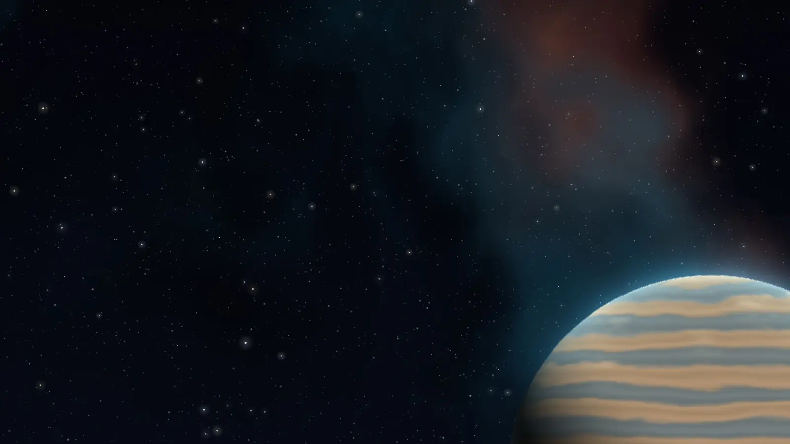 Ambient mode in space: a banded planet and a nebula among the stars.